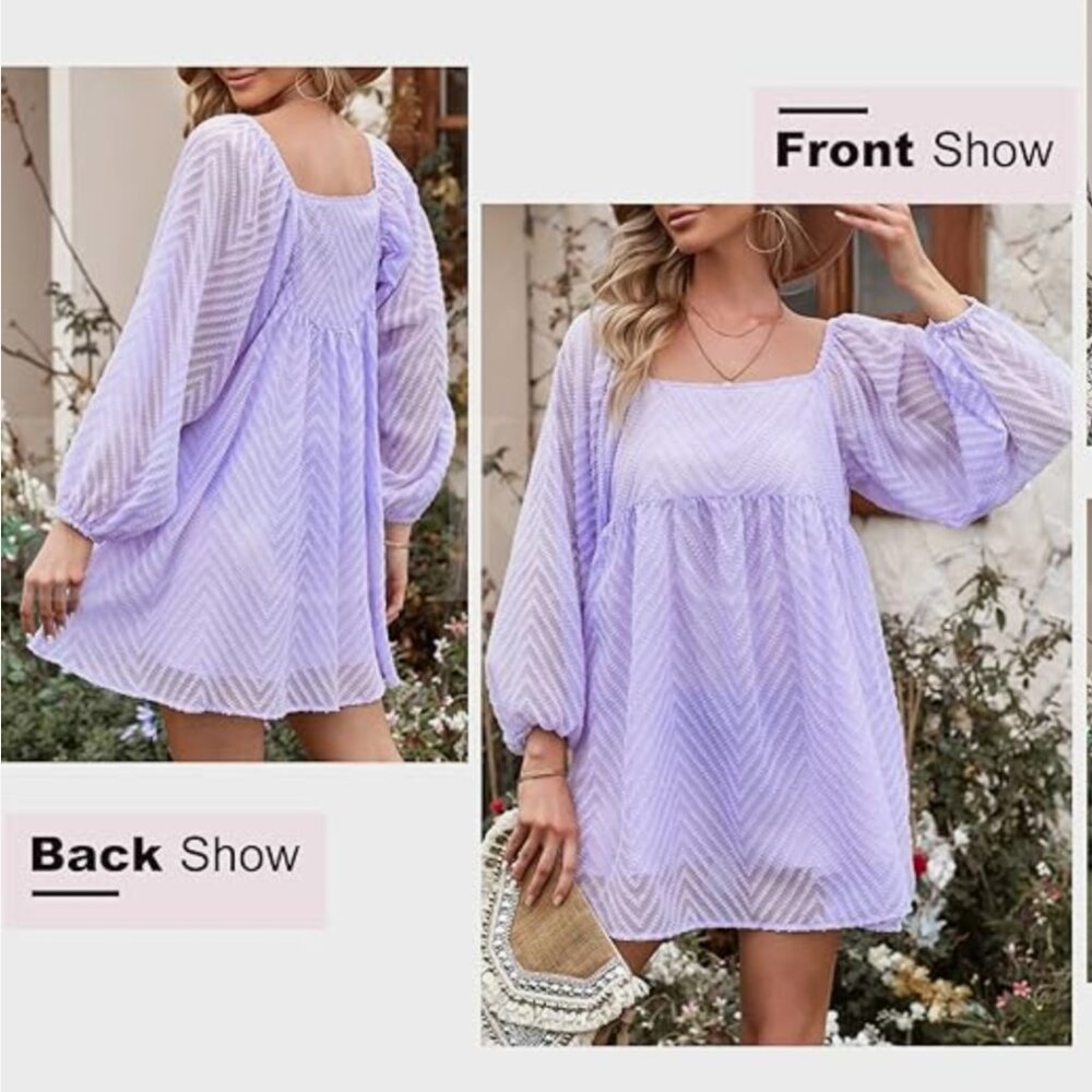 NWT Women’s Lavender Textured Chiffon Babydoll Mini Dress Square Neck Medium
